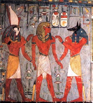Фараон Рамсес I с Гором и Анубисом